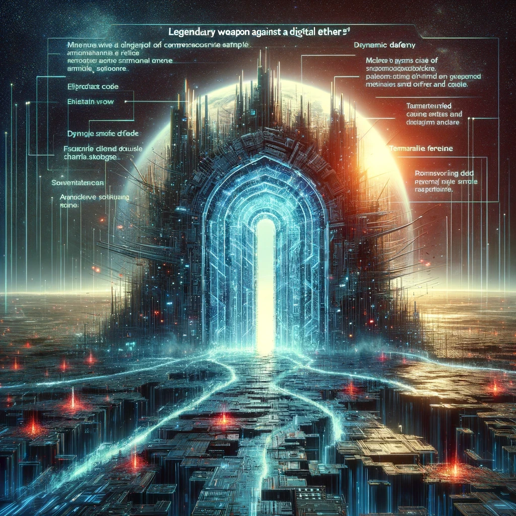 DALL·E 2024-02-28 14.15.50 - Envision a world where cybersecurity battles rage in the digital ether. 'MutationGate' emerges as a legendary weapon against malware, visualized as an.webp
